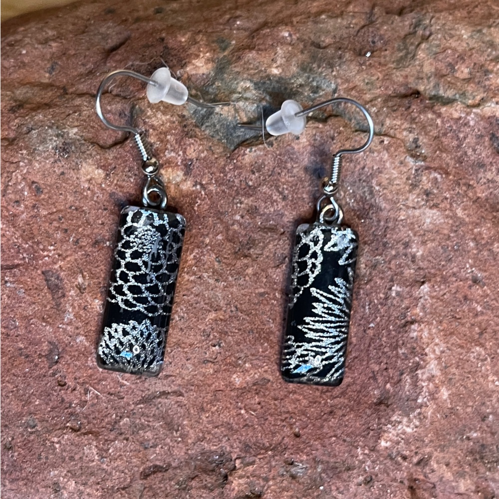 Dichroic Glass Earrings-French Hook. Featuring intricate silver patterns,